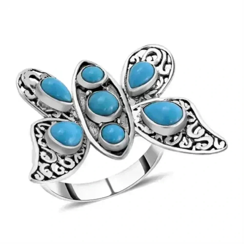Hand Crafted Natural Sleeping Beauty Turquoise Butterfly Ring.